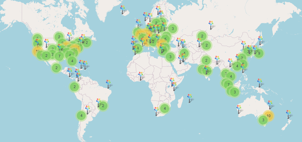 Map showing the over 400 active AlmaLinux mirrors as of August 5, 2024