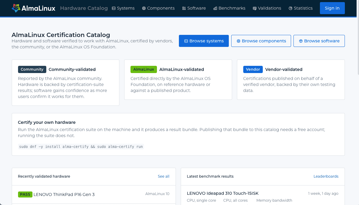 A preview of the AlmaLinux Catalog, listing certified hardware and software