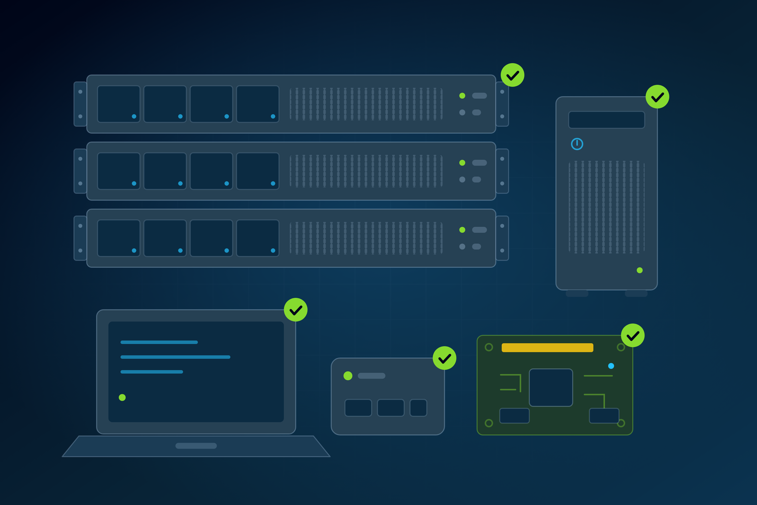 A rack of servers, a tower, a laptop, a mini PC, and a single board computer, each marked as certified for AlmaLinux