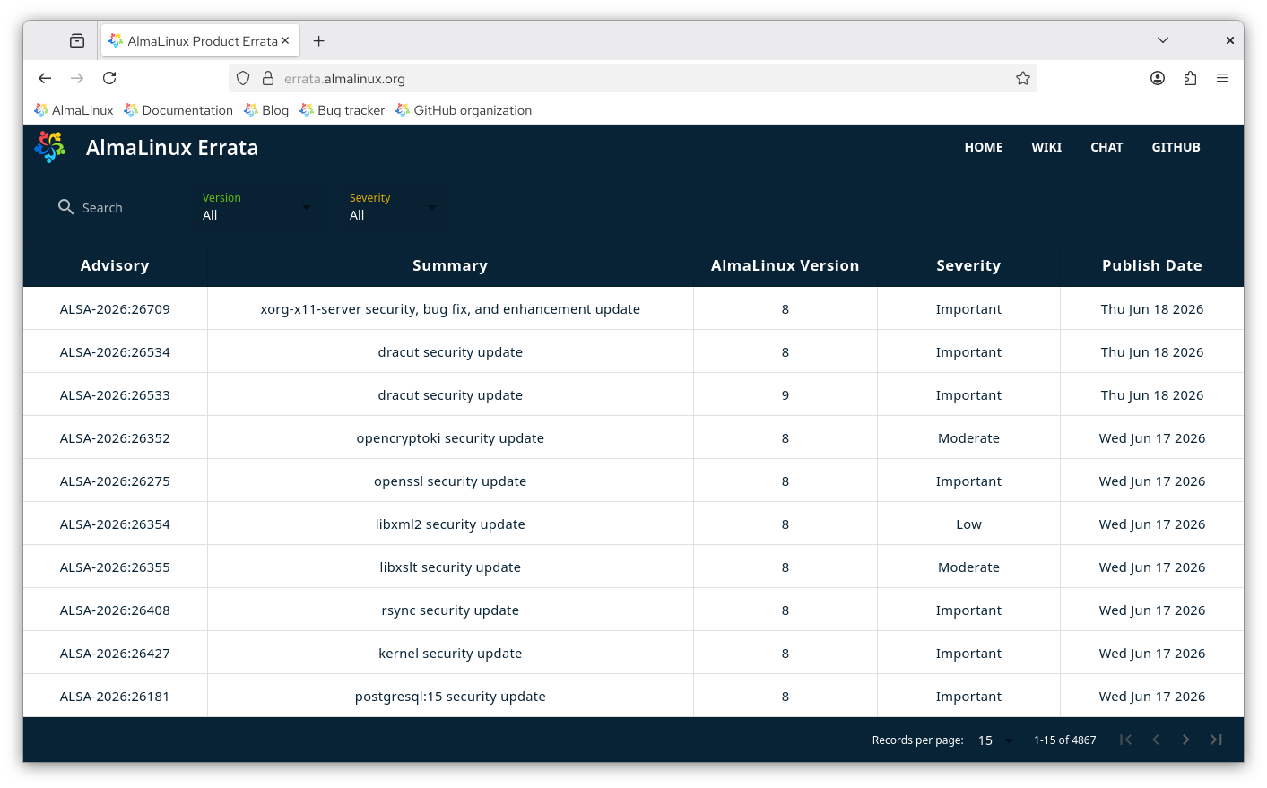 The AlmaLinux Errata portal listing recent security advisories with their severity and publish date